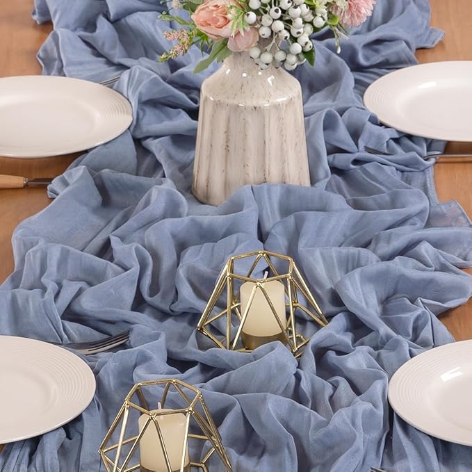 MLMW Dusty Blue Table Runner Cheesecloth Gender Reveal Boho Gauze Rustic Cheese Cloth Table Runner 160 inch Sheer 13.3ft for Wedding Party Baby Bridal Shower Birthday
