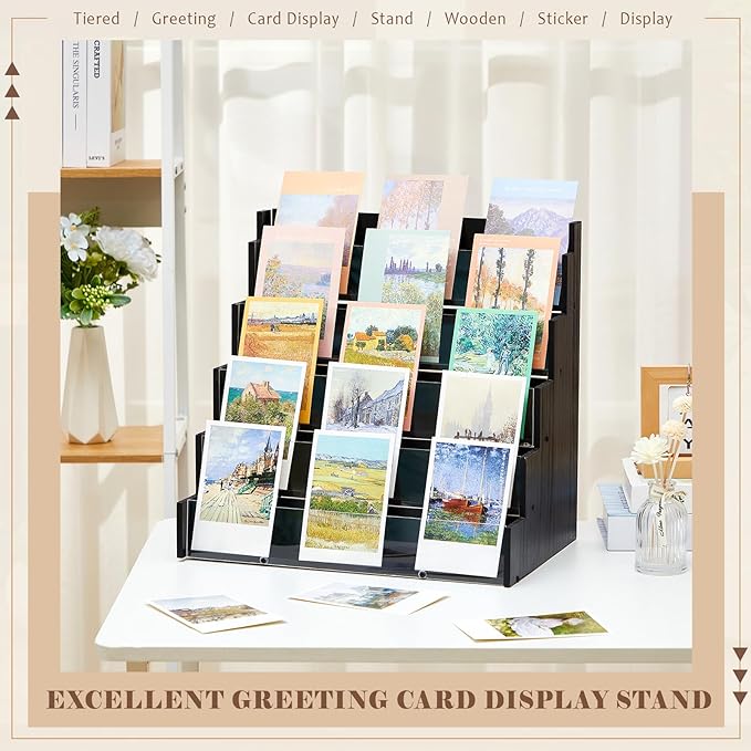 5 Tier Greeting Card Display Stand Black Bamboo and Acrylic Sticker Display Stand Trading Card Holder Retail Photos Shelf for Vendors Craft Collection & Show