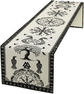 Ancient Abstract Pattern Table Runner, Tree of Life Eagle Dragon Boat Rudder Black and White Table Runner 13x108 Inch