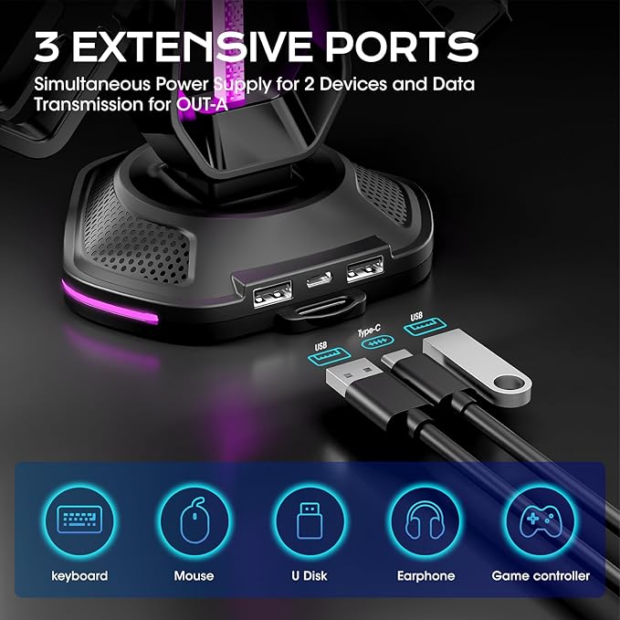 Saitake RGB Headset Stand with 9 Light Modes,Controller Holder for Desk with 2 USB Charging Ports,Suitable for All Headphones and Controllers,Can Simultaneously Place 1 Headset and 4 Controllers