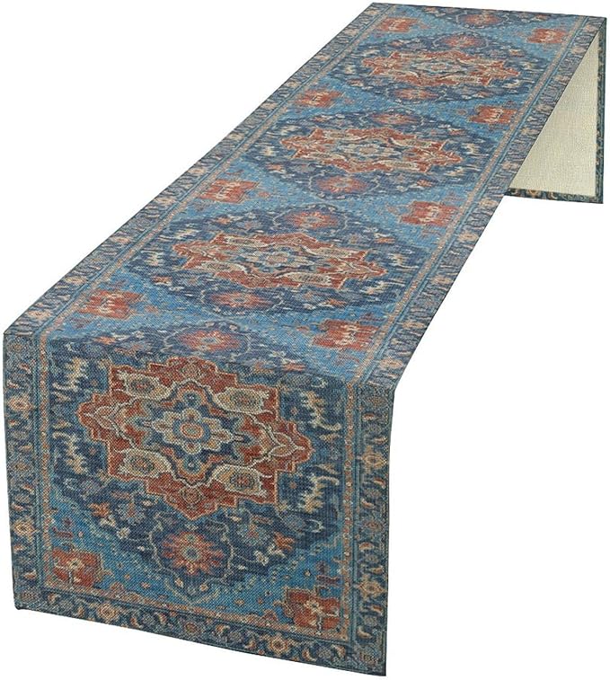 Boho Floral Vintage Table Runner, Retro Abstract Blue Flower Rustic Country Farmhouse Pattern for Home Kitchen Table Decor Dining Coffee Room Party Decor 13x108in