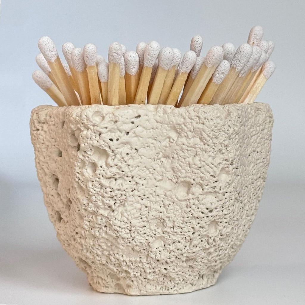 Concrete Match Holder with Striker & Extra Striker Pad,Beautiful Petal Shape Match in Jar for Cute/Fancy/Long Candle Matches,Parlor Cute Match Jar for Home Decor Gift, No Matches (Hexagon)