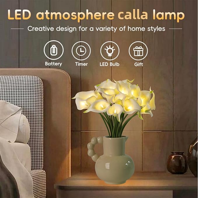 20pcs Artificial Calla Lily Bouquet Lamp Faux Floarl Night Light Real Touch Flower Night Lamp LED Calla Lily Lighted Artificial Flower for Mother's Day Gifts Home Kitchen Decor(White)