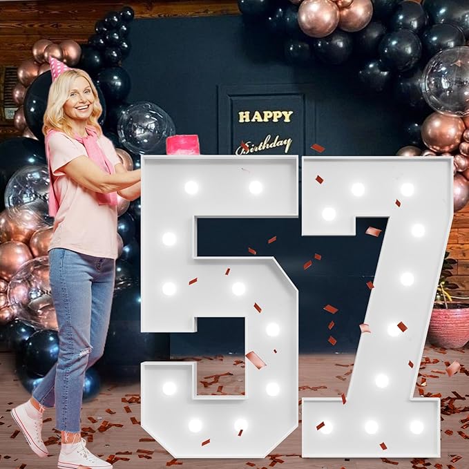 Marquee Numbers Large 57th-Birthday Decorations: 4ft Light Up Number Party Decor 57 Year Old Women And Men 75th Birthday Decoration Backdrop 75 Anniversary Cardboard Big Mosaic Balloon Frame Number 57