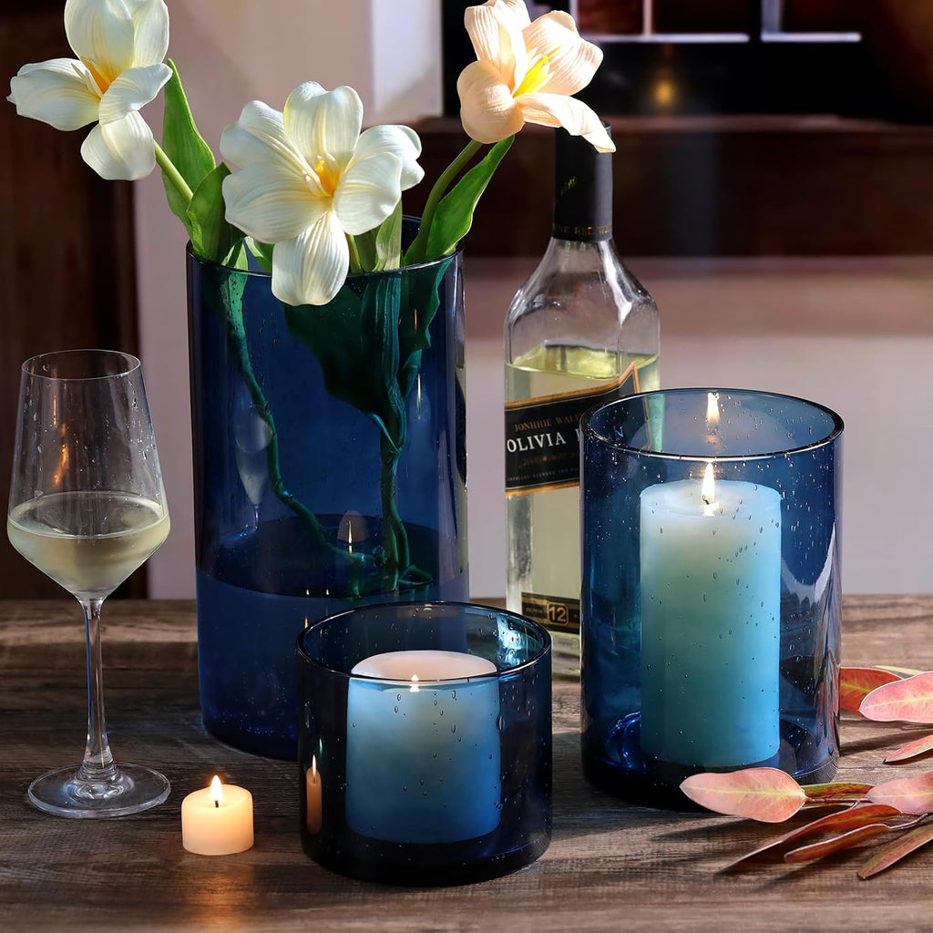 Large Hurricane Candle Holder Set of 3 Blue Candle Holders for Pillar Candles, Seeded Bubbles Glass Candle Holder, Blue Glass Cylinder Vases for Table Centerpieces, Home, Patio and Wedding 10"7"4"H