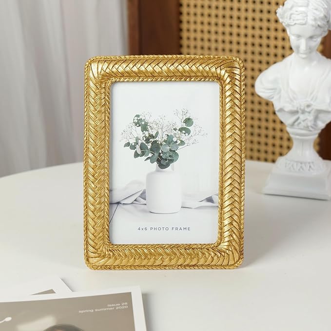 Cuspin 4x6 Gold Picture Frame, Ornate Decorative Rattan Resin Photo Frame, Gold Frames Braided Design for Tabletop Display or Wall Hanging, Elegant Home Decor