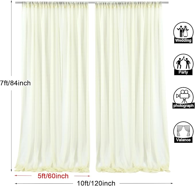 PARTISKY 10ftx7ft Ivory Chiffon Backdrop Curtains, Wrinkle-Free Sheer Fabric Photo Drapes for Wedding Ceremony Arch Birthday Baby Shower Photography Stage Decor 5ft x 7ft, 2 Panel