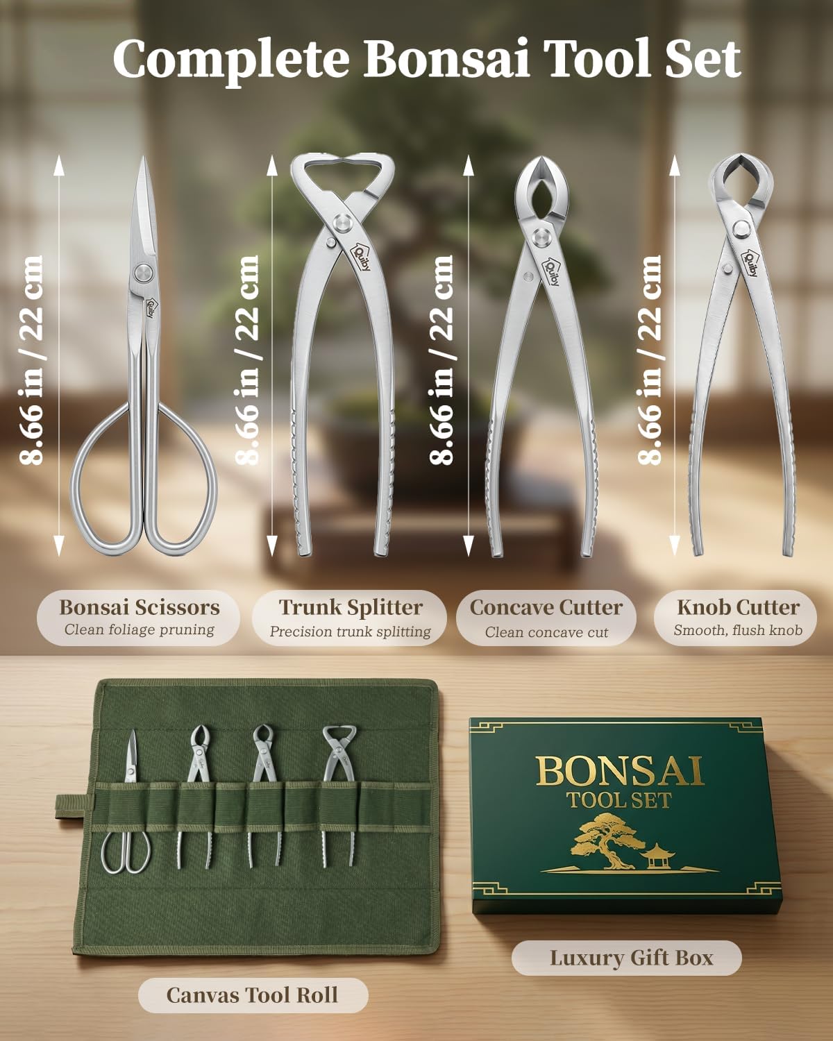 Bonsai Tool Kit 4PCS with Tool Roll Bag & Luxury Gift Box, Bonsai Tools Set