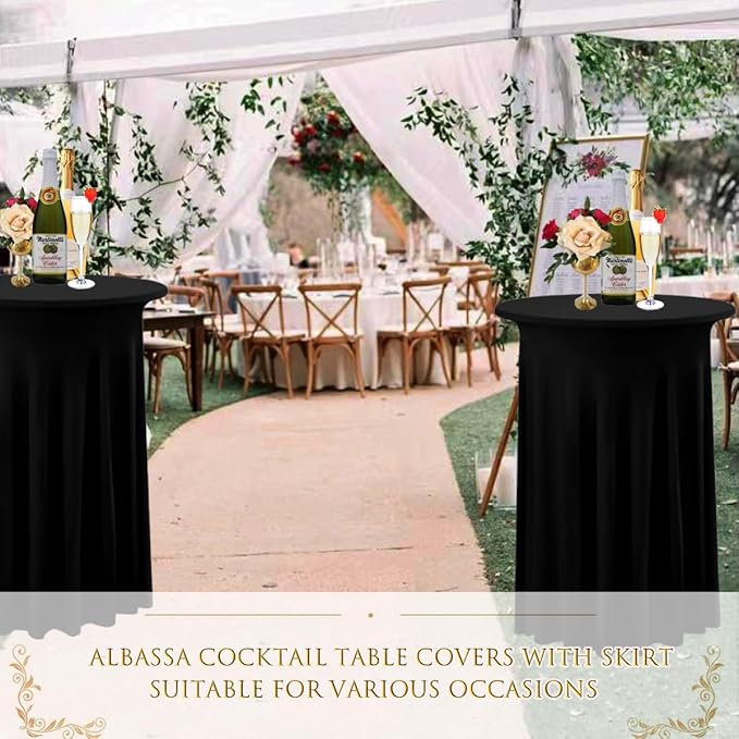 Albassa 2 Pack Cocktail Table Covers 32"x 43" Spandex Stretch Round Cocktail Tablecloths with Wavy Drapes Fitted High Top Bar Table Skirt for Wedding Party Banquet (Black, 2 PCS)