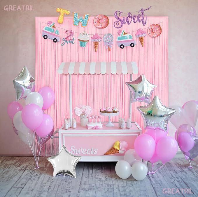 Pastel Pink Party Backdrop Decoration - GREATRIL Baby Pink Foil Fringe Streamers for Baby/Boo Day/Valentines/Cowgirl/Sweet/Cloud/Unicorn/Princess/Bow Themed - 3.2ft X 8.2ft - 2 Packs