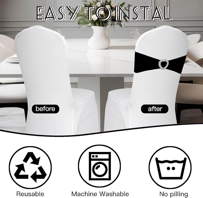 100PCS Spandex Stretch Black Chair Sashes Bows Universal Elastic Chair Cover Bands Ties with Buckle Slider for Wedding Party Birthday Reception Event Banquet Decoration(Black)