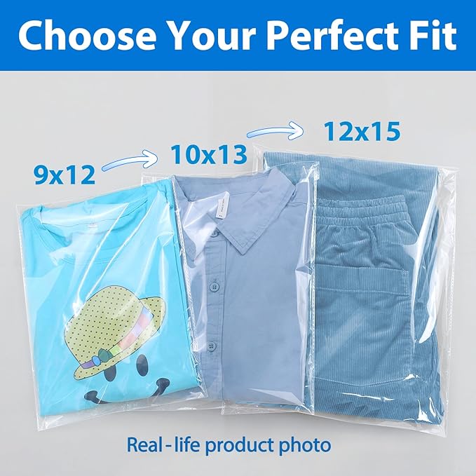 PigPotParty 12"x15" Self-Sealing Clear Cellophane T-Shirt Bags with Adhesive, 100 Pack Plastic Cello Packaging for Clothes, Gifts, Magazines, A4, Envelope, Letter & Small Business Use