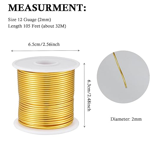 12 Gauge Gold Aluminum Craft Wire (105FT) - Anodized for Jewelry Making, Beading Floral, Plant Gardening, Sculpting & Modeling Craft Wire (Gold #14, 2mm)