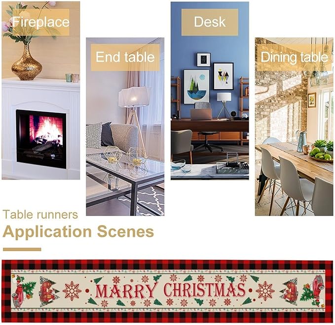 Merry Christmas Table Runner,Winter Xmas Holiday Table Cloth Kitchen Dining Table Decoration for Home Party Decor 13x90 Inch