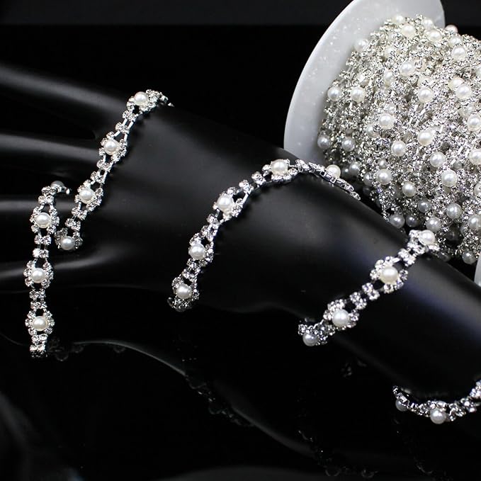 1 Yard Pearl Rhinestone Trim Chain Silver String Crystal Applique Fringe Ribbon Strips Beads Sewing Dress DIY Party Wedding Bouquet for Decoration Bridal Costume Embellishment