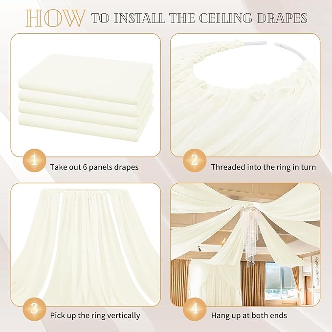 4 Panels Ivory Ceiling Drapes for Wedding 5ftx30ft Sheer Drapery Chiffon Fabric Arch Draping Curtains for Party Ceremony Birthday Baby Shower Reception Stage Ceiling Decorations