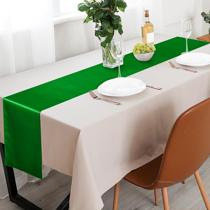 Aneco Satin 12 Pack Table Runner 12 x 108 Inch Emerald Long Wedding Satin Silk Table Runner for Wedding Banquet Graduations Birthday Party Decoration