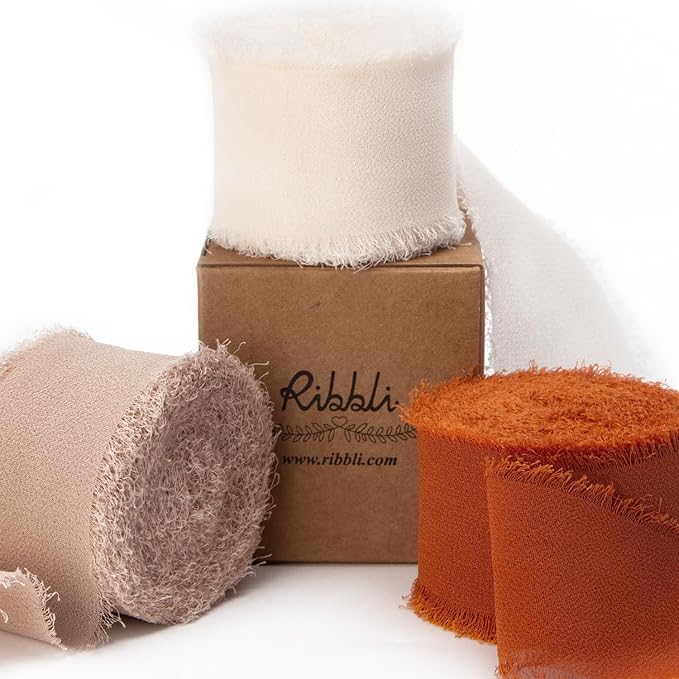 Ribbli Fall Chiffon Ribbon 1.5 inch x 30 Yard Handmade Silk, Cream/Beige/Terracotta Fringe Chiffon Ribbon for Wedding Invitations, Bridal Bouquets Wrapping, Flower Arrangement Decoration