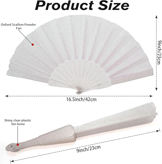 24 Pack Handheld Fan,Folding Hand Glitter fan with Shining Transparent Fan Rib – Ideal for Wedding, Church, Festival, Dance, Tea Party, Club, and EDM Accessories, White