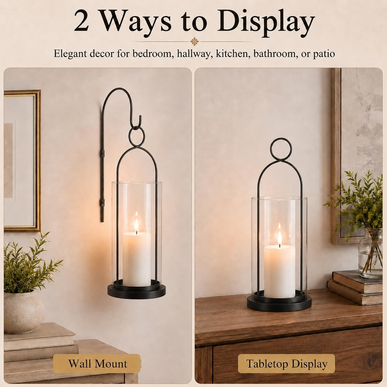 Black Wall Sconces Set of 2, Wall Candle Holder with Hurricane Glass | For Pillar Candles, Farmhouse Wall Decor, Modern Metal, For Living Room, Fireplace, Entryway