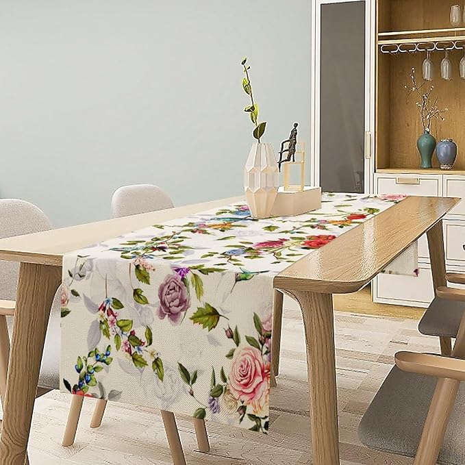 Vintage Bird Flower Table Runner Seasonal Spring Summer Garden Plants Farmhouse Country Kitchen Dinner Runner Dining Table Decoration for Home Party Holiday 13"x120"