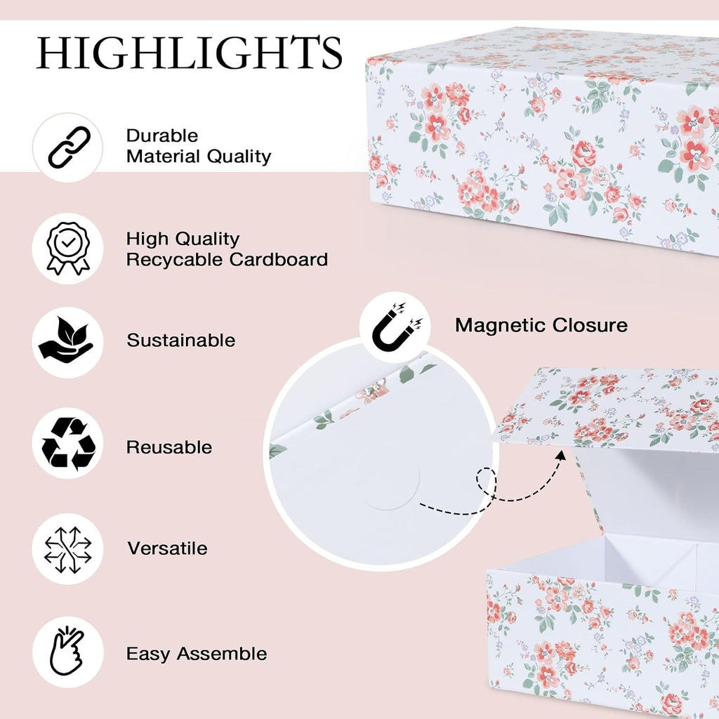 LFBOX Rose Floral Gift Box with Magnetic Lids 1 Pack | Large Bridesmaid Proposal Boxes 13.8x8.3x4.4 in, Rectangle Wedding Decorative Storage Box