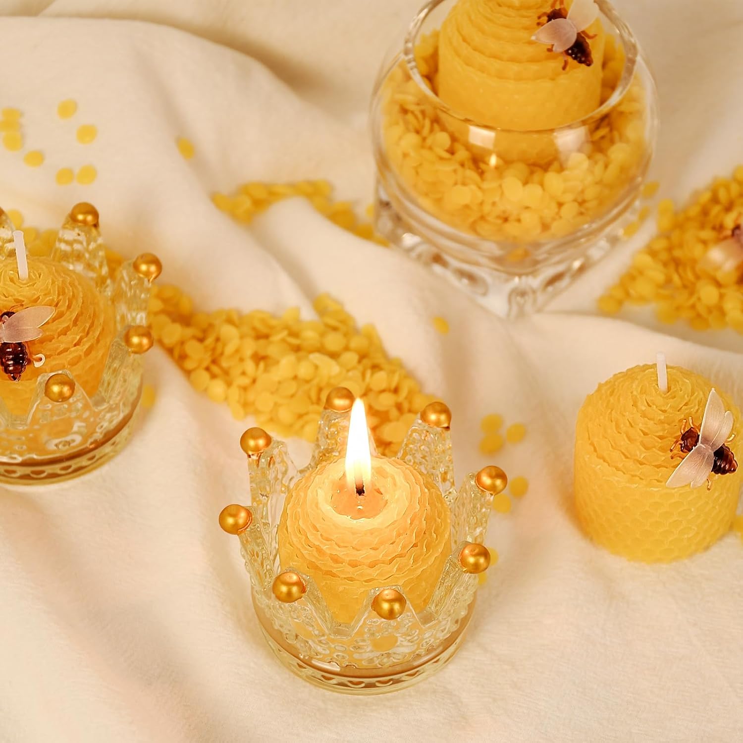DEYBBY Natural Beeswax Candles Set of 6, Small Bees Wax Votive Candles with Little Bee Decorations as Housewarming Birthday Event Gift Party Favor (Yellow)