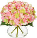 Hollyone Hydrangea Artificial Flowers with Glass Vase Pink-Green Silk Faux Flowers Arrangements in Vase with Faux Water Fake Floral Bulk Bouquet for Home Decor Table Centerpiece Decorations