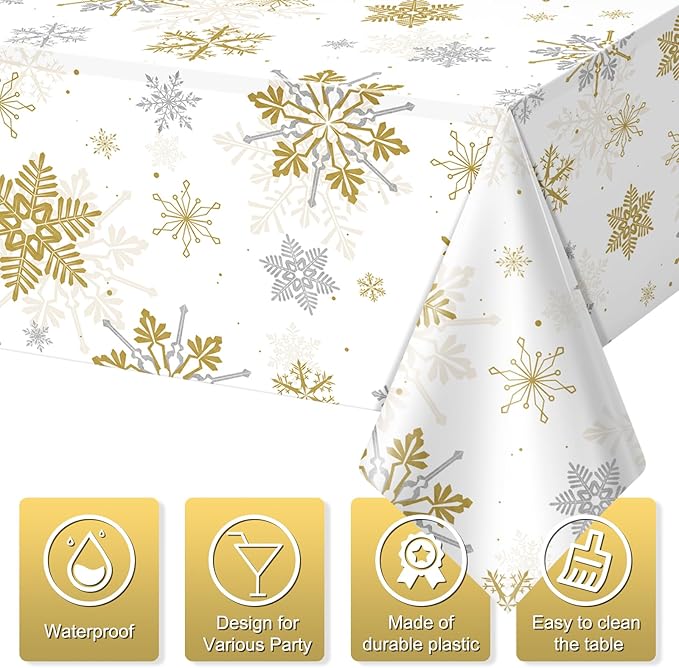 12Pcs Christmas Snowflake Party Tablecloths Decorations,Plastic White and Gold Table Cloth,Winter Rectangle Table Cover for Christmas New Year Birthday Baby Shower Holiday Party Decorations,54x108inch