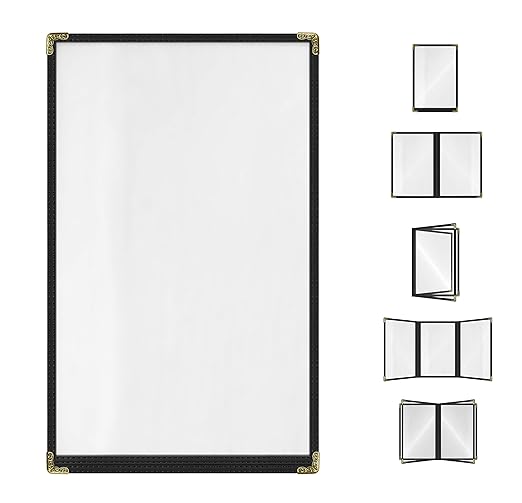 Goodsmart Restaurant Menu Covers – 25 Pack Black 2-View, Top-Loading Menu Holders, Vinyl & Plastic Café Menu Covers, Clear Menu Sleeves, Fits 11" x 17" & 8.5" x 11", Gold Corners