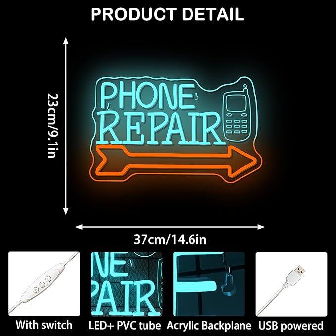 Looklight Phone Repair Neon Sign Dimmale Neon Lights For Wall Decor Led Lights ForMobile Phone Repair Shop Business Cellphone Repair Shop Decor USB Powered 14.6x9.1in