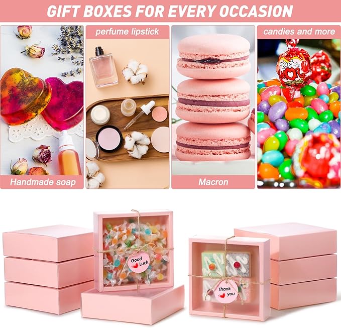 Roowest 50 Sets Kraft Soap Boxes Rectangle Packaging Box with Window Homemade Gift Box with Blank Tags and Jute String for Jewelry Candy Wrapping Party Favor(6.5 x 6.5 x 2 Inch,Pink)