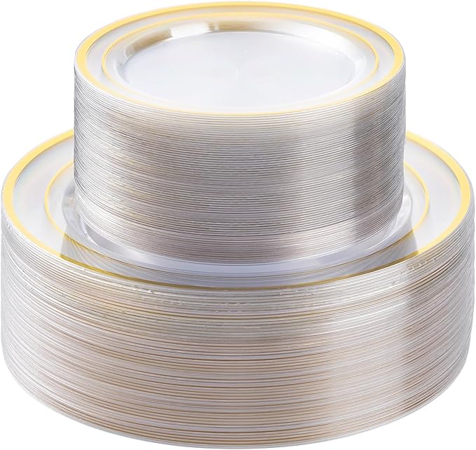 100PCS Clear Gold Plastic Plates Set, 50 10.25 inch Dinner Plates and 50 7.5 inch Dessert Plates, Disposable Plates for Party, Wedding