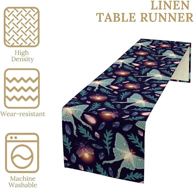 Moth Table Runner, Retro Boho Aesthetic Blue Moth Magic Table Runner for Home Kitchen Dining Party Indoor Outdoor Decoration 13x108 Inch