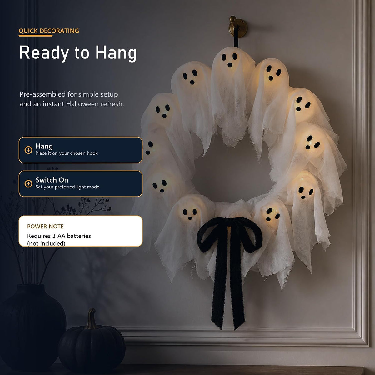 Ghost Wreath, Front Door Halloween Decor, 22-Inch Lit with Remote and Timer