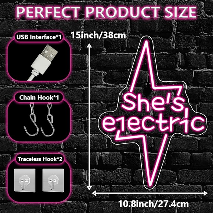 Lightning Bolt Light Up Signs for Wall Decor,Pink She's Electric Neon Sign for Birthday Live Music Concert Bedroom Club Party,Music LED Gift for Girls Teens Men Women USB Powered（15"*10.8"）