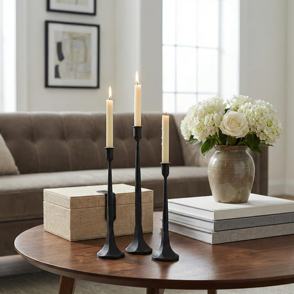 Denique Iron Taper Candle Holder Set of 3, Black Candlestick Holders Decorative Candle Stand, Tapered Candle Holders Tall Set for Wedding, Dining Table, Home Decoration (Black)
