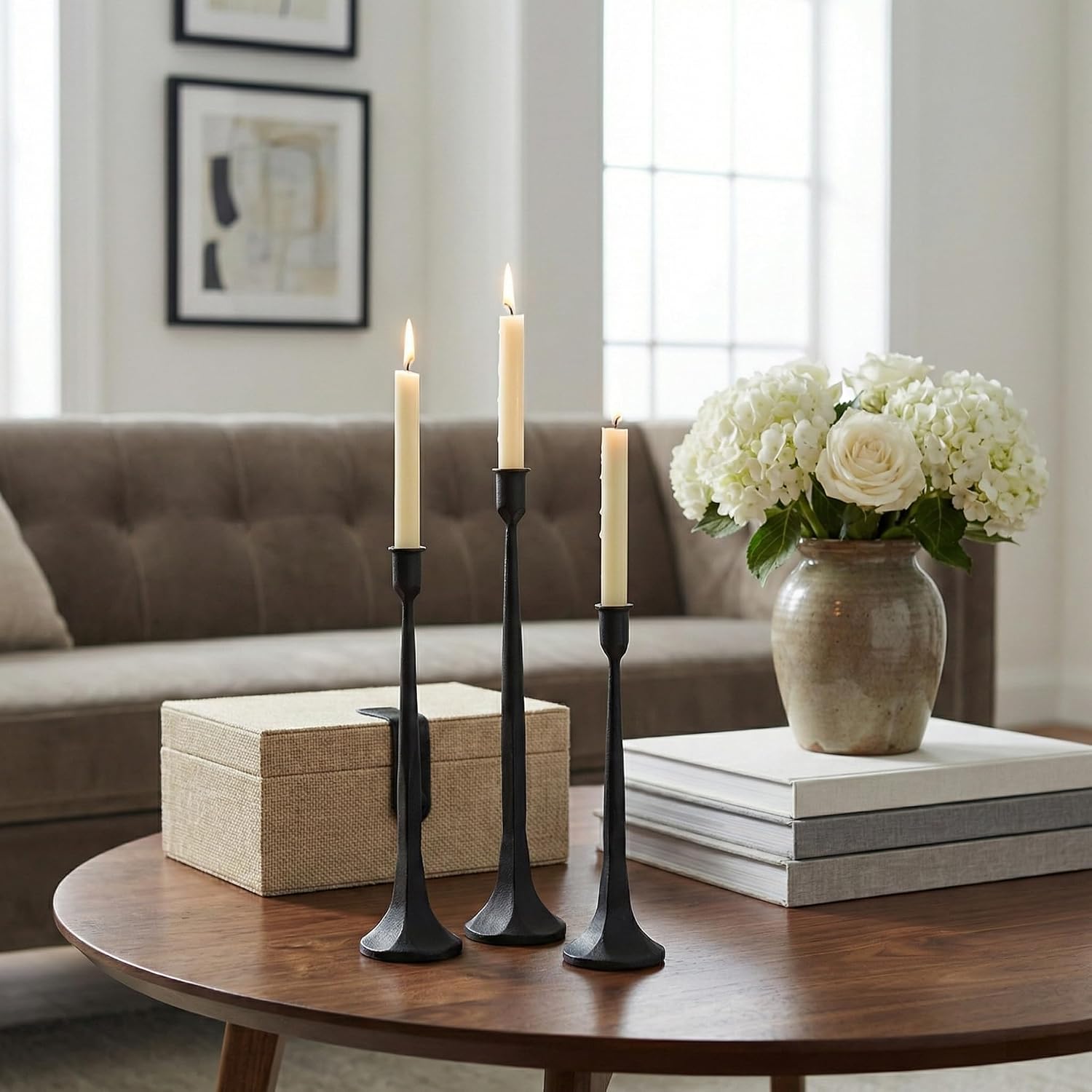 Denique Iron Taper Candle Holder Set of 3, Black Candlestick Holders Decorative Candle Stand, Tapered Candle Holders Tall Set for Wedding, Dining Table, Home Decoration (Black)