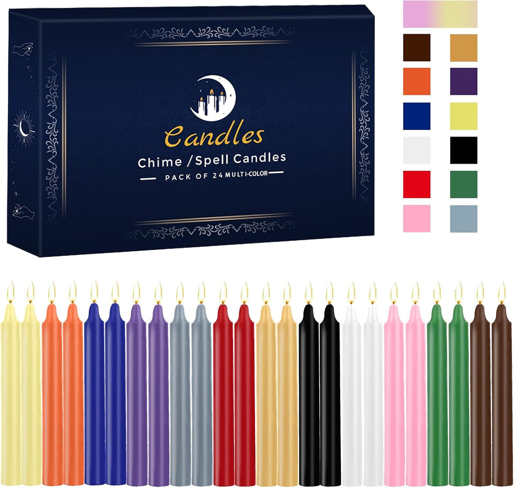 Kunrsug 24 Pack Assorted Color Spell Chime Candles – Premium Mini Unscented Taper Candles for Rituals, Prayer, Birthdays, Meditation, Altar, Spells, Chime Candles - 4 Inch Tall - Ideal for Witches