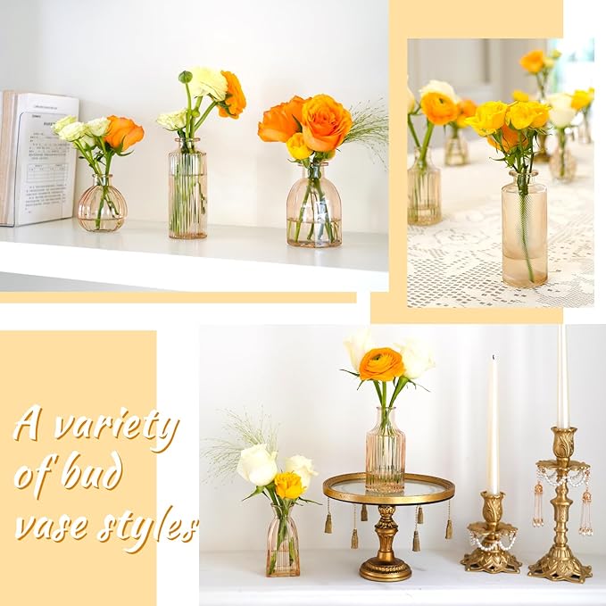 Champagne Bud Vases in Bulk 24 Packs Amber Glass Vase for Decor Centerpieces, Small Ribbed Vases for Flowers Stripe Modern Bud Vases Vintage Vases for Floral Wedding Party Table Decoration Home Decor