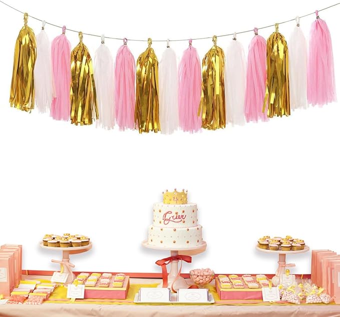 Paper Tassel Garland Banner - Tissue Paper Tassels for Bridal Shower, Wedding, Baby Shower, Birthday Decorations (Metallic Gold+Pink+White), 15 PCS