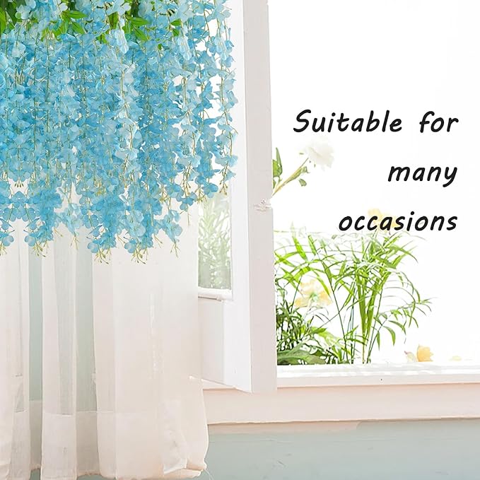 24 Pack Lake Blue Wisteria Hanging Flowers Garland, 3.77 Feet Artificial Flower Vines, Fake Wisteria, Artificial Vines Hanging Garland for Backdrop Outdoor Yard Garden Decor