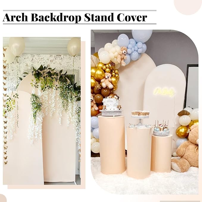 Wedding Arch Cover 6FT 7.2FT Arch Backdrop Cover Fitted Spandex Covers Set of 2 Round Top Chiara Arches Backdrop Stand Covers for Party Birthday Decoration（Beige