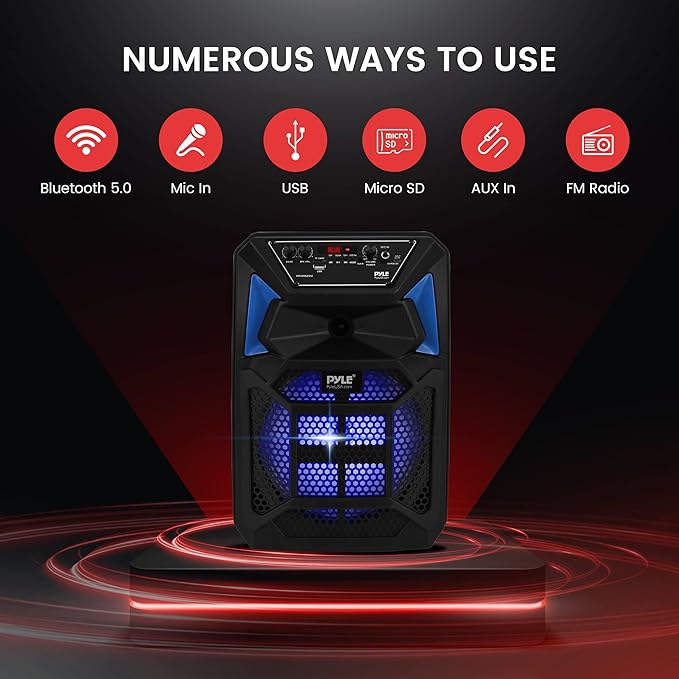 Pyle Bluetooth PA Speaker & Microphone System - Portable Karaoke Speaker with Wired Mic, Built-in LED Party Lights, FM Radio, MP3/USB/Micro SD Readers, Speaker Stand (8’’ Subwoofer, 400 Watt MAX)