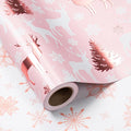LeZakaa Christmas Pink Wrapping Paper Mini Roll, Reindeer & Snowflake, Metallic Foil, Rose Gold Foil Reversible Design for Festive Winter Holiday, Family Gathering, 17 inches x 32.8 Feet