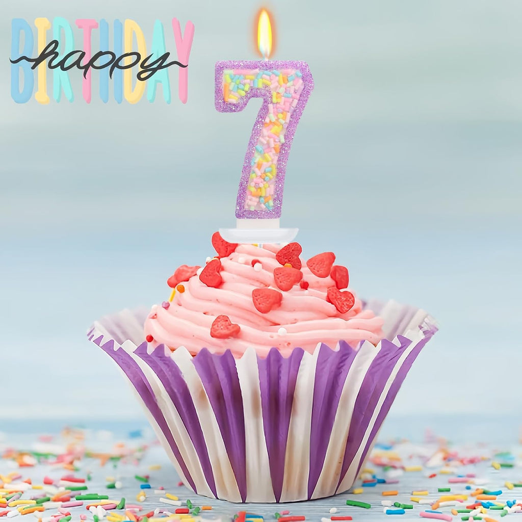 Number 7 Birthday Candle with Sprinkles, Pastel Purple Unicorn Rainbow Cake Topper, Sweet Candyland Party Decorations for Girl Boy 7th Birthday