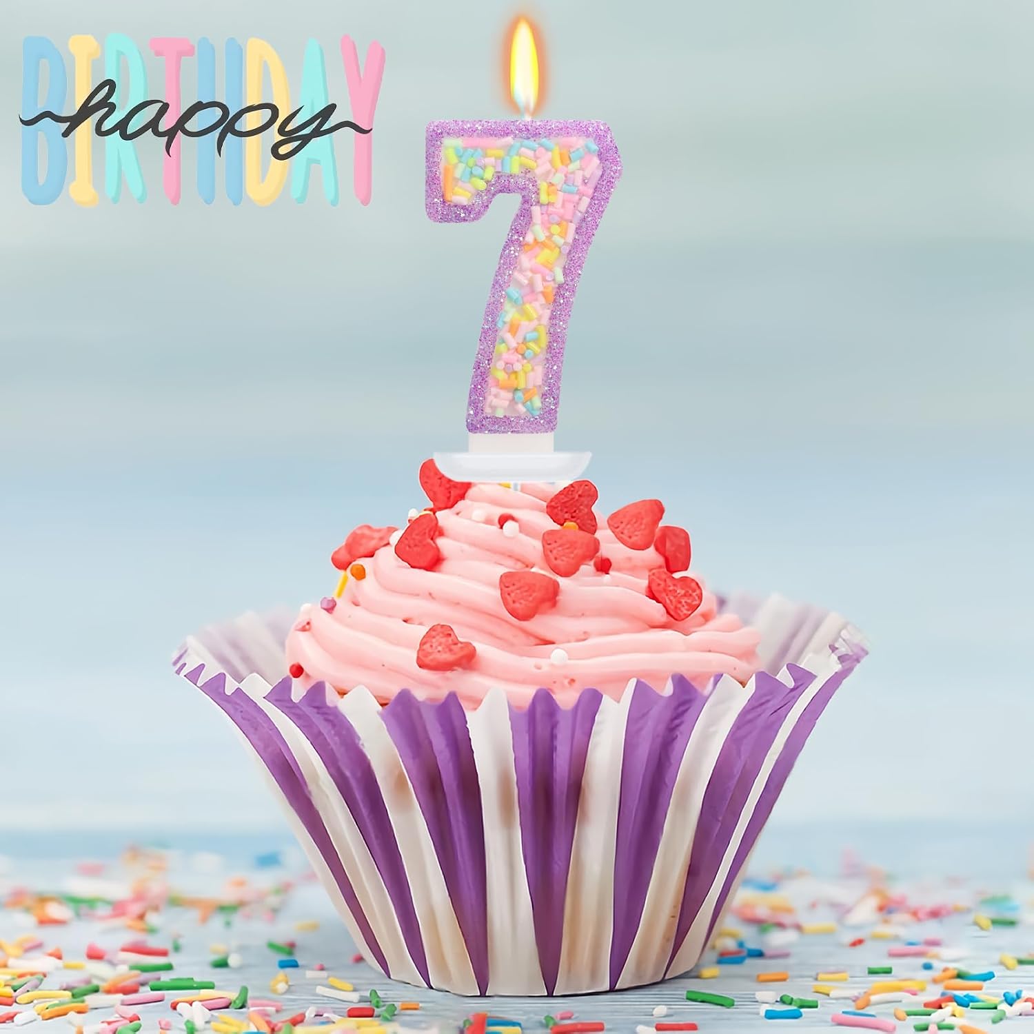 Number 7 Birthday Candle with Sprinkles, Pastel Purple Unicorn Rainbow Cake Topper, Sweet Candyland Party Decorations for Girl Boy 7th Birthday