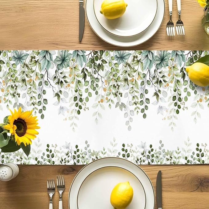 Sage Green Eucalyptus Cotton Linen Table Runner for Dining Kitchen,Farmhouse Leaves Botanical Floral Wedding Outdoor Party Tablerunners Decoration Dresser Scarf Coffee Tablecloth Runners 13x120 Inches