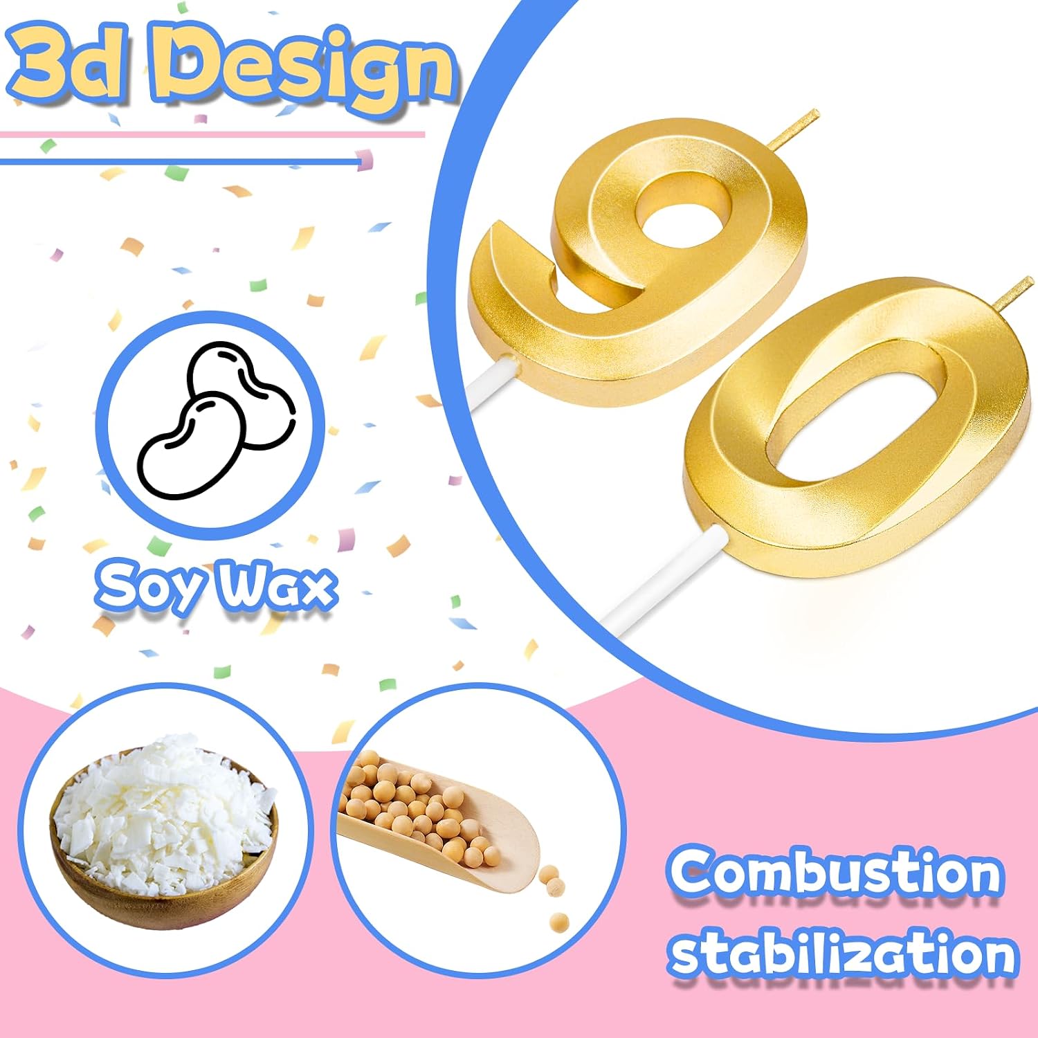 90th Birthday Candles for Cake,Gold Number Candles for Happy Birthday Cake Toppers,90 Birthday Decorations for Women Men Party Anniversary Wedding