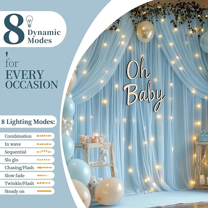 10x10ft Baby Blue Tulle Backdrop Curtain with String Lights, Wrinkle-Free Sheer Baby Shower Backdrop for Birthday Party, Bridal Shower, Photo Shoots, Wedding and Home Decorations, Baby Blue